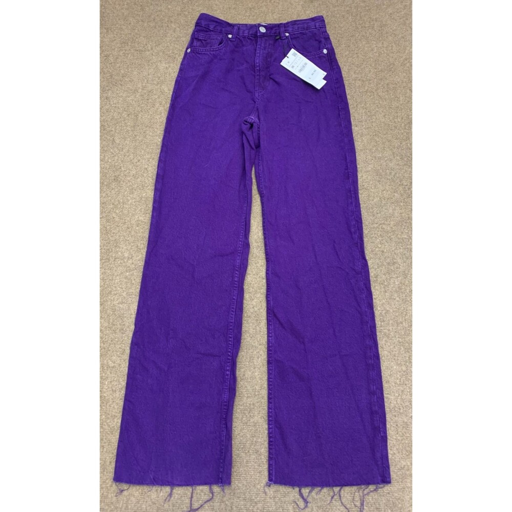 Zara Jeans Womens 4 Wide Leg Straight Raw Hem Tall High Waist Purple Denim